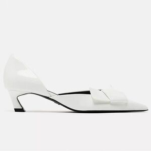 Zara White Patent Low Heel Pointed Slingback with Bow Detail
